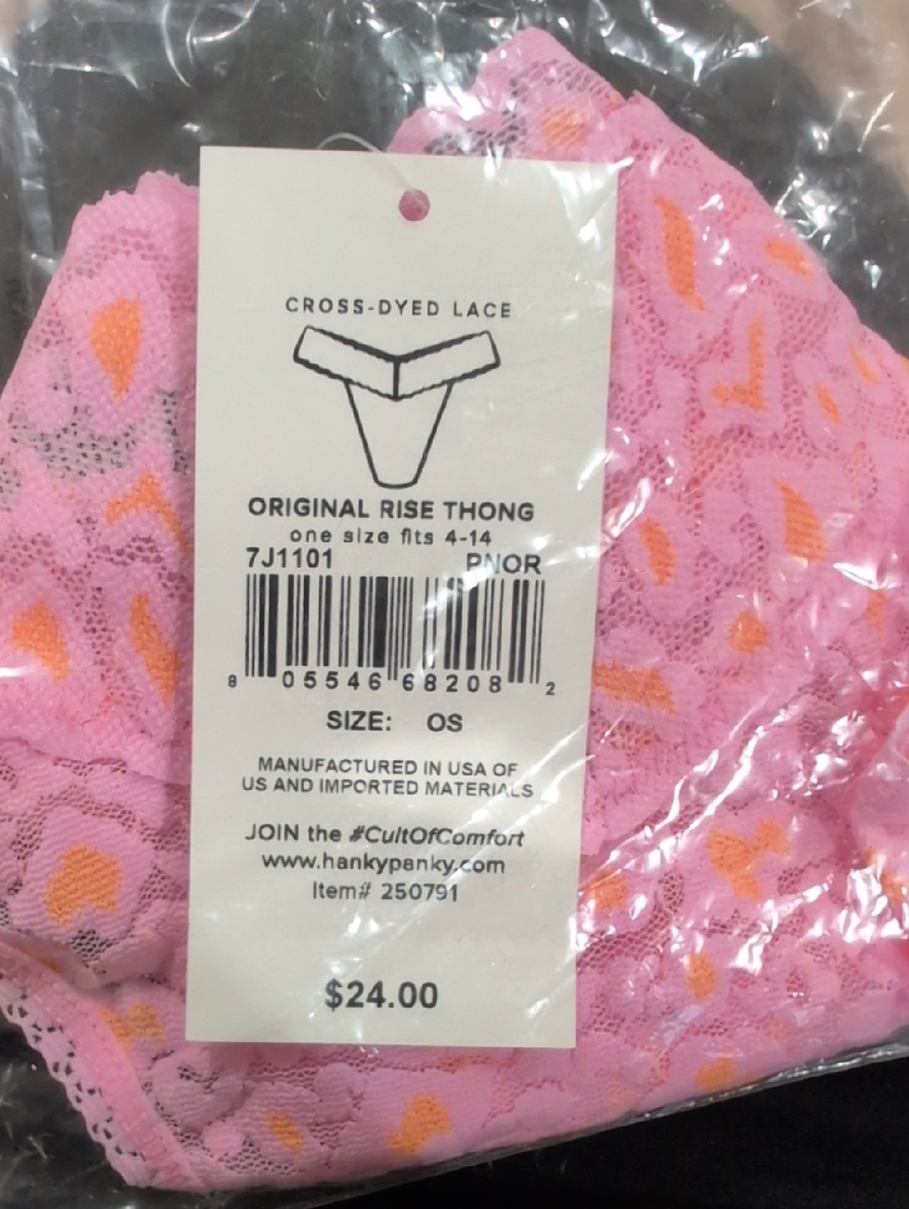 Hanky Panky Pink Lace Thong with Orange Accents